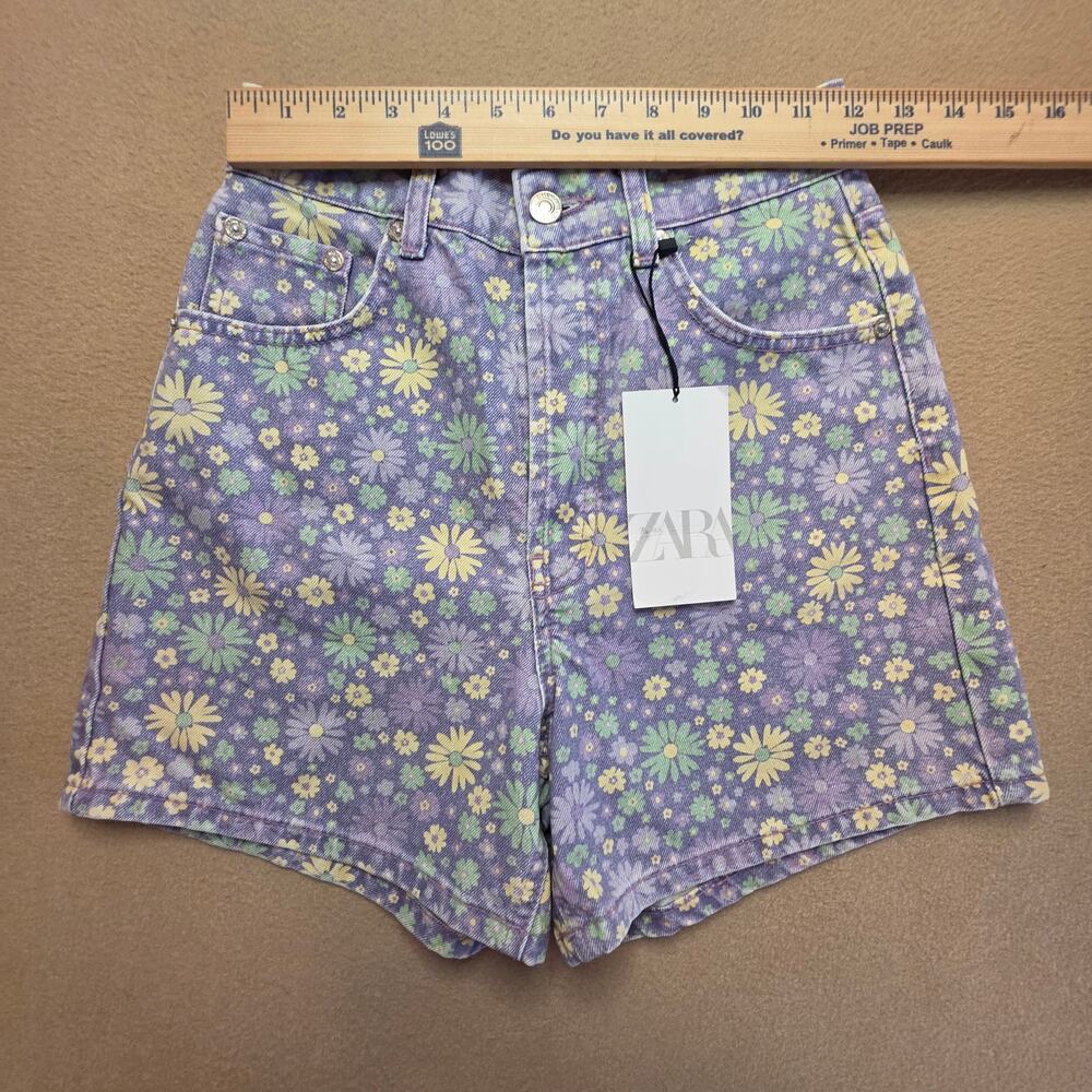 Zara High-Rise Purple Floral Denim Shorts Sz 2 NWT Button Fly - Picture 9 of 11